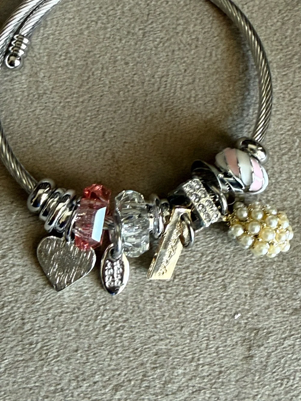 Silver Cable Bangle Bracelet with Pink and Clear Crystal Charms - Picture 3 of 3
